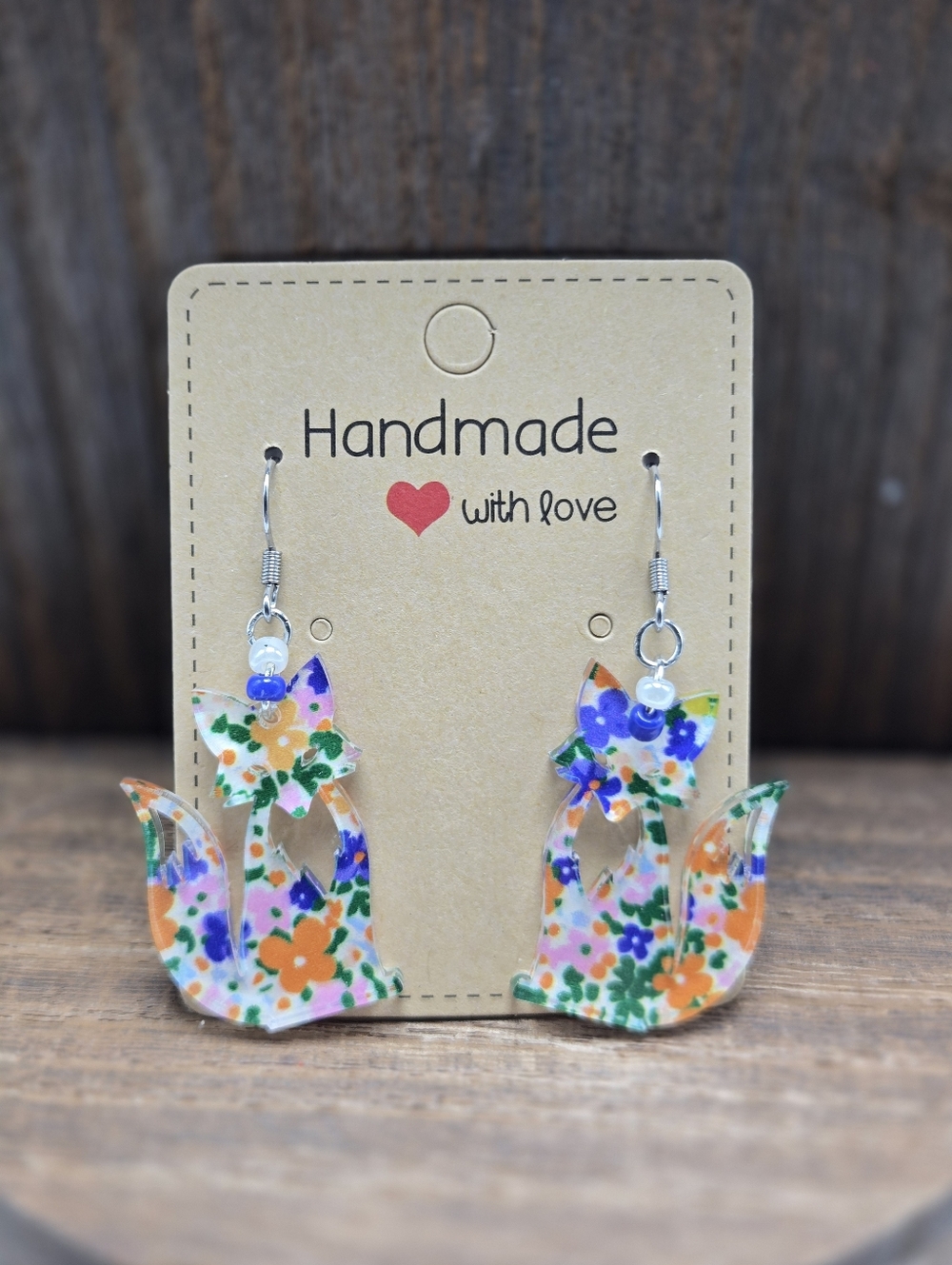 NWT Floral Fox Earrings Pierced Acrylic Glass Bead Dangle Drop Light Weight